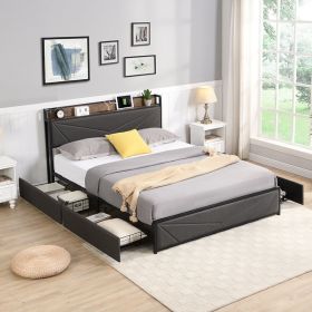 Full Bed Frame, Storage Headboard with Charging Station, Solid and Stable, Noise Free, No Box Spring Needed, Easy Assembly