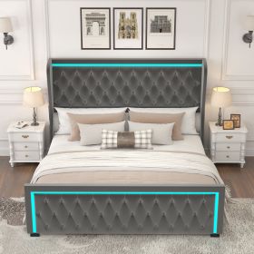 Queen Platform Bed Frame With High headboard, Velvet Upholstered Bed with Deep Tufted Buttons, Adjustable Colorful LED Light Decorative Headboard