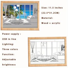 1pc Dimming 3-color Beach Sun Painting Lamp,Sketch Light. Healing Light, Bedside Bedroom Sleeping Lamp, Romantic Birthday Gift,Bedside Table Lamp (Items: A4 Seaside In-line)