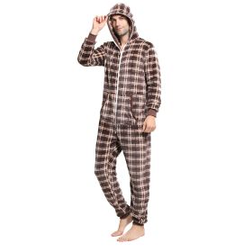 Men's Plaid One-Piece Pajamas Hooded Loungewear Fashion Flannel Pajamas (size: 3XL)
