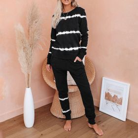 Home Pajamas Women Tie-dye Printed Striped Long-sleeved Trousers Casual Suit (Color: Black, size: XL)