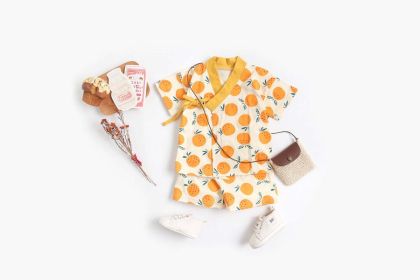 Baby Fruit Print Belt Design Short-Sleeved Top Combo Shorts Japan Style Sets Pajamas (Size/Age: 100 (2-3Y), Color: orange)