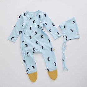 Baby Printed Graphic Side Button Design Long Sleeved Jumpsuit Romper Pajamas With Hat (Size/Age: 66 (3-6M), Color: Blue)