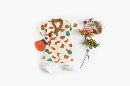 Baby Fruit Print Belt Design Short-Sleeved Top Combo Shorts Japan Style Sets Pajamas (Size/Age: 90 (12-24M), Color: Brown)