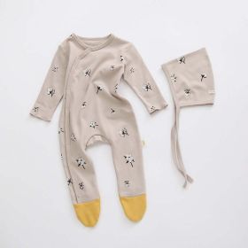Baby Printed Graphic Side Button Design Long Sleeved Jumpsuit Romper Pajamas With Hat (Size/Age: 80 (9-12M), Color: Coffee)
